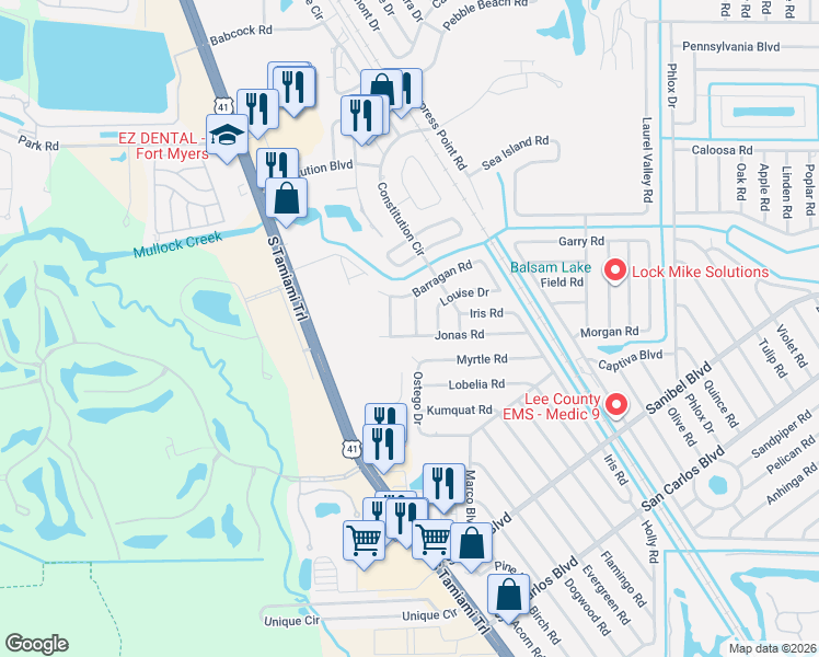 map of restaurants, bars, coffee shops, grocery stores, and more near 18243 Morgan Drive in Fort Myers
