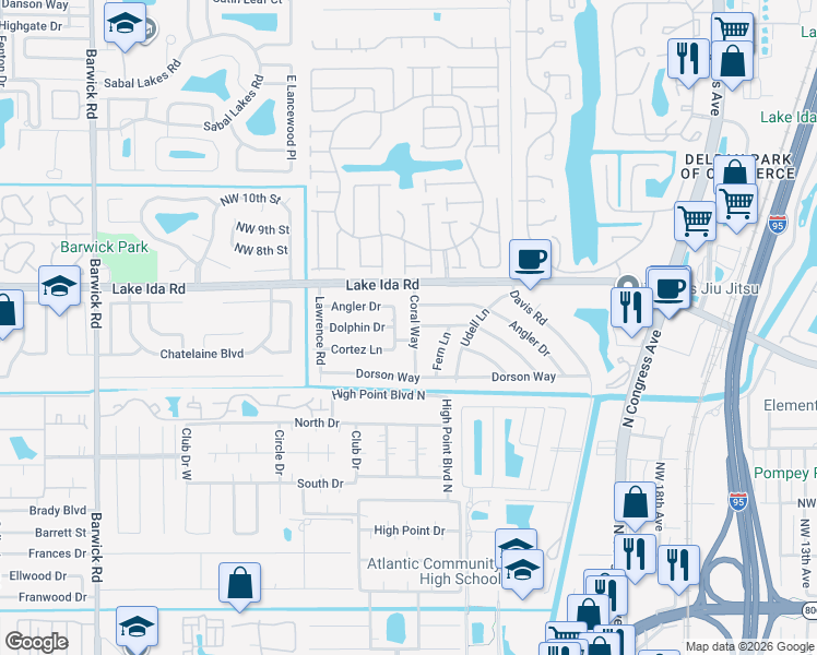 map of restaurants, bars, coffee shops, grocery stores, and more near 598 Coral Way in Delray Beach