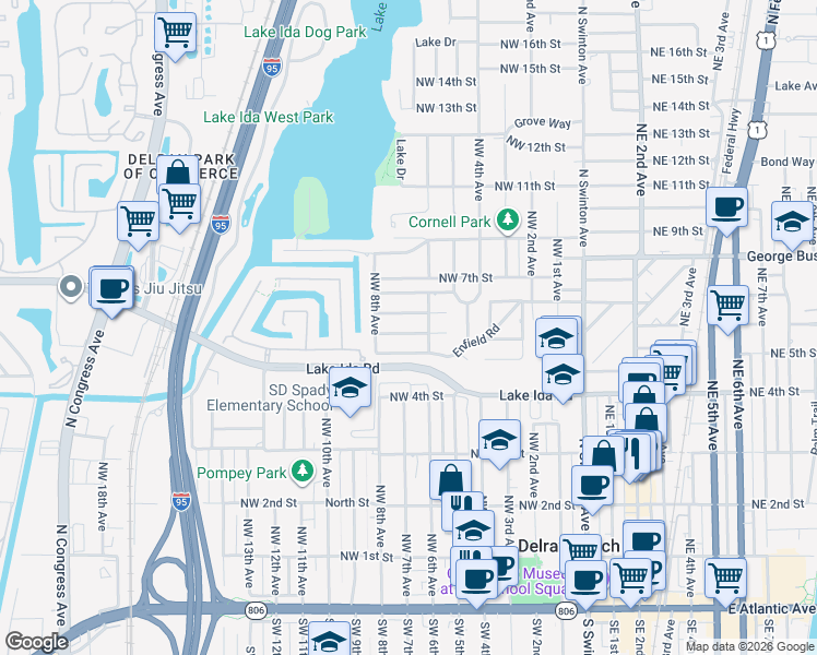 map of restaurants, bars, coffee shops, grocery stores, and more near 625 Sunshine Drive in Delray Beach