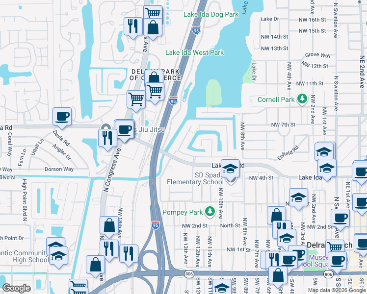 map of restaurants, bars, coffee shops, grocery stores, and more near 535 Enfield Court in Delray Beach