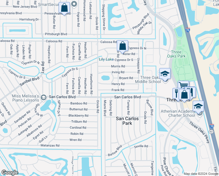 map of restaurants, bars, coffee shops, grocery stores, and more near 9033 Frank Road in Fort Myers