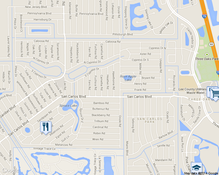 map of restaurants, bars, coffee shops, grocery stores, and more near 18404 Hawthorne Road in Fort Myers