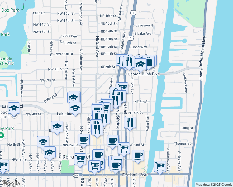 map of restaurants, bars, coffee shops, grocery stores, and more near 630 North Federal Highway in Delray Beach