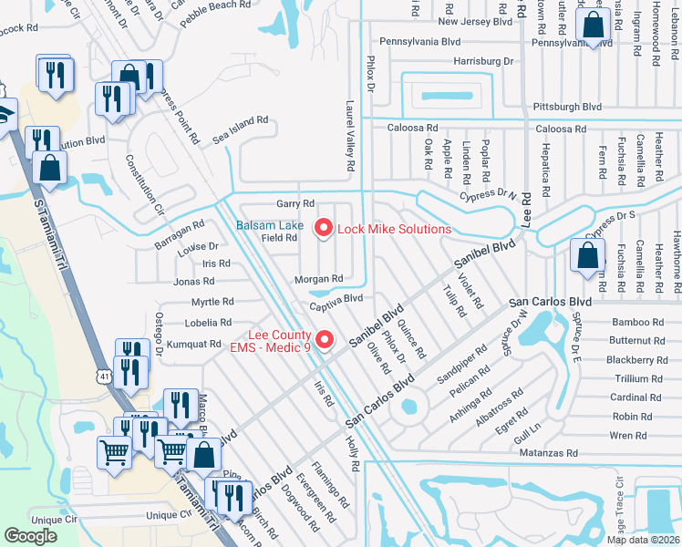 map of restaurants, bars, coffee shops, grocery stores, and more near 18215 Baruch Drive in Fort Myers