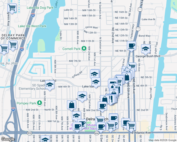 map of restaurants, bars, coffee shops, grocery stores, and more near 517 Aylesbury Road in Delray Beach