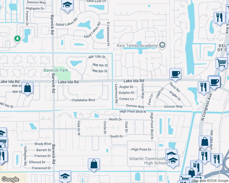 map of restaurants, bars, coffee shops, grocery stores, and more near 600 Lawrence Road in Delray Beach