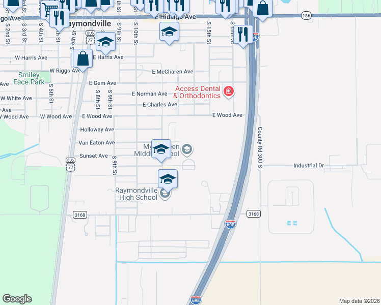 map of restaurants, bars, coffee shops, grocery stores, and more near 670 Van Eaton Avenue in Raymondville