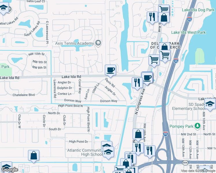 map of restaurants, bars, coffee shops, grocery stores, and more near 601 Angler Drive in Delray Beach