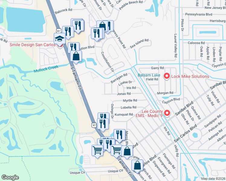 map of restaurants, bars, coffee shops, grocery stores, and more near 18251 Morgan Drive in Fort Myers