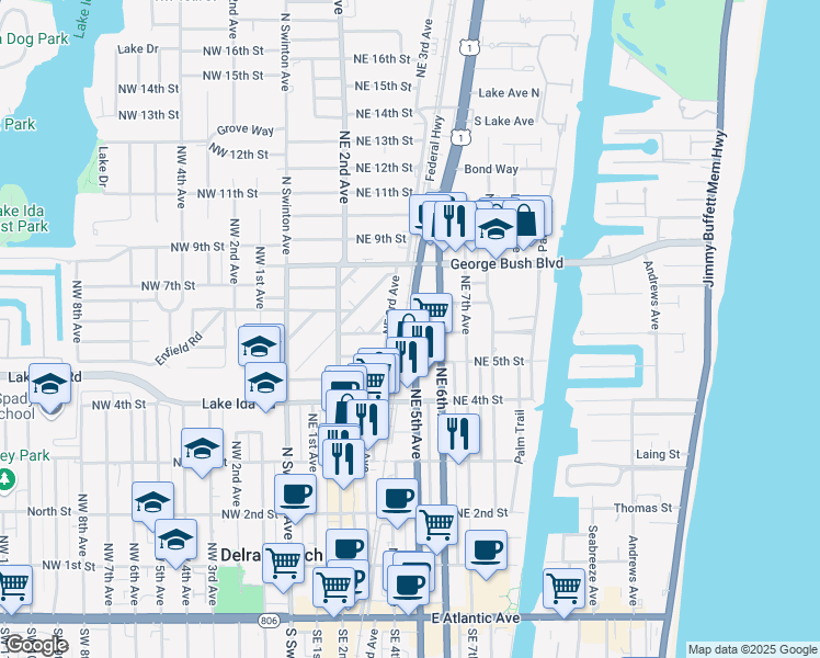 map of restaurants, bars, coffee shops, grocery stores, and more near 630 North Federal Highway in Delray Beach