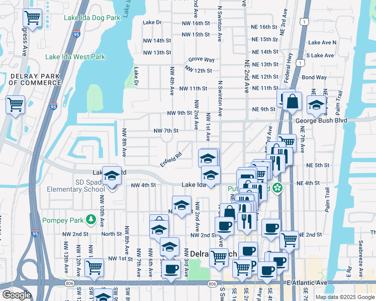 map of restaurants, bars, coffee shops, grocery stores, and more near 214 Enfield Road in Delray Beach