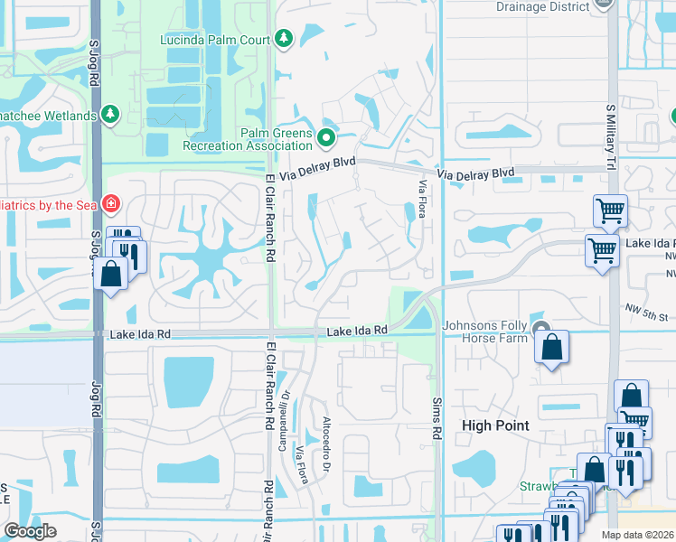 map of restaurants, bars, coffee shops, grocery stores, and more near 13777 Via Aurora in Delray Beach