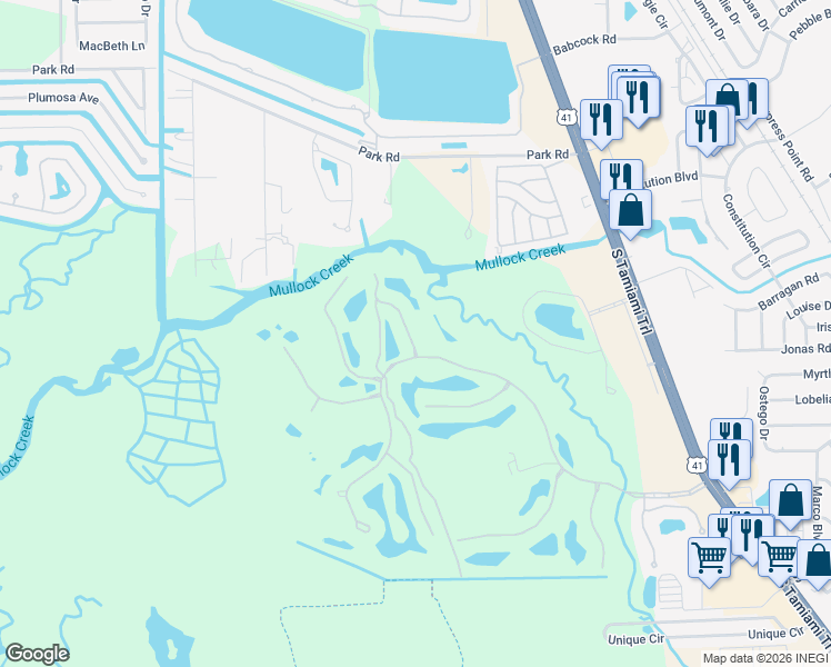 map of restaurants, bars, coffee shops, grocery stores, and more near 18231 Parkside Greens Drive in Fort Myers