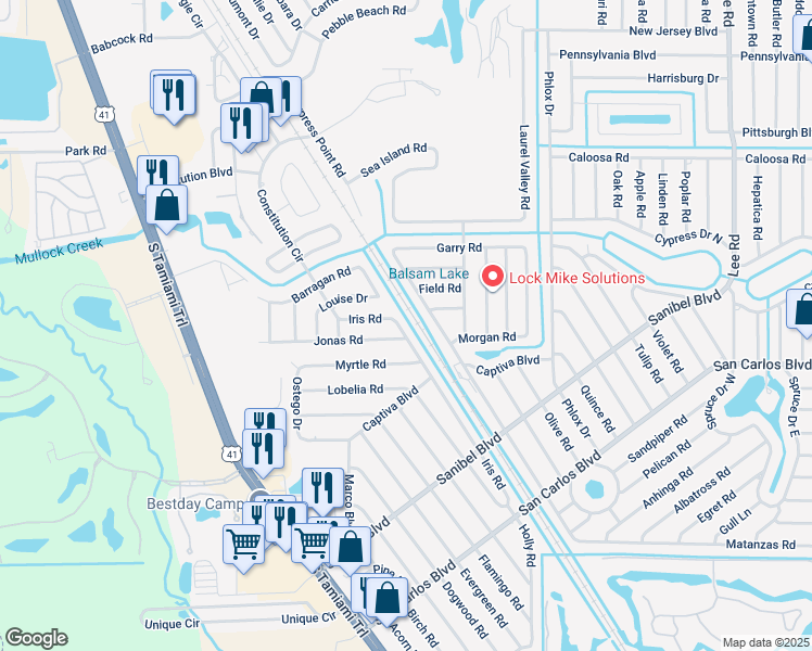 map of restaurants, bars, coffee shops, grocery stores, and more near 18247 Iris Road in Fort Myers