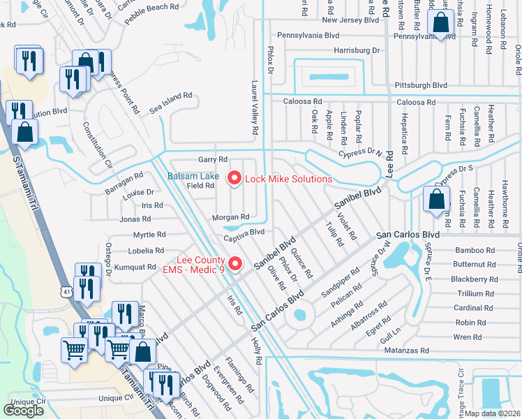 map of restaurants, bars, coffee shops, grocery stores, and more near 18215 Baruch Drive in Fort Myers
