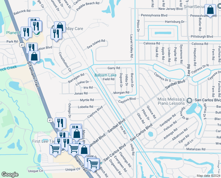 map of restaurants, bars, coffee shops, grocery stores, and more near 18221/223 Matanzas Road in Fort Myers