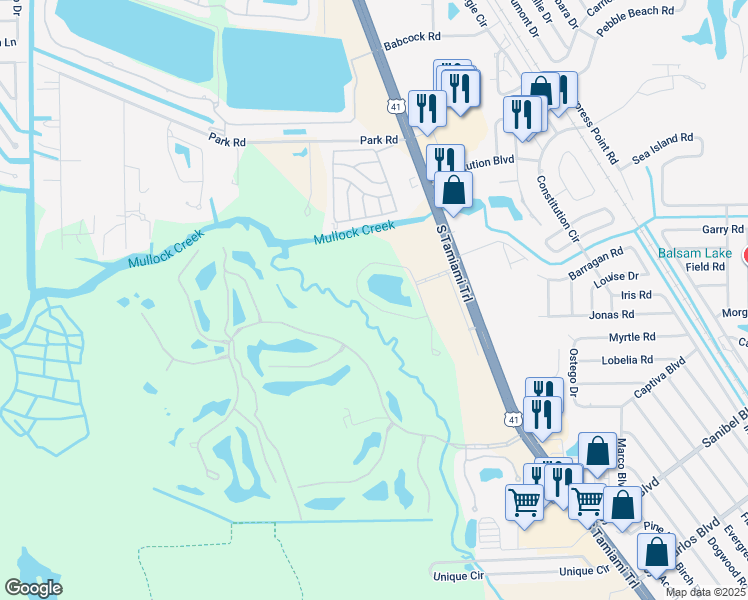 map of restaurants, bars, coffee shops, grocery stores, and more near 18230 Creekside Preserve Loop in Fort Myers