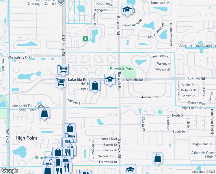 map of restaurants, bars, coffee shops, grocery stores, and more near 635 Northwest 46th Avenue in Delray Beach