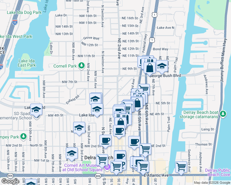 map of restaurants, bars, coffee shops, grocery stores, and more near 135 Dixie Boulevard in Delray Beach