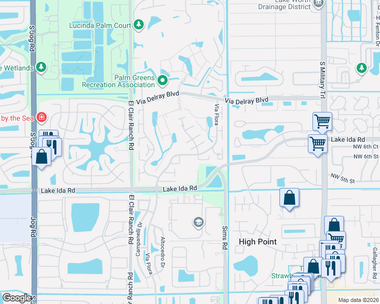 map of restaurants, bars, coffee shops, grocery stores, and more near 13837 Vía Flora in Delray Beach