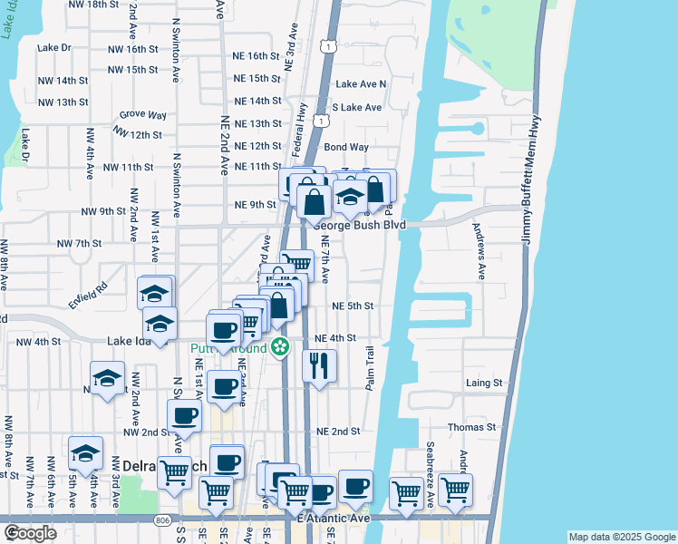 map of restaurants, bars, coffee shops, grocery stores, and more near 608 Northeast 8th Avenue in Delray Beach