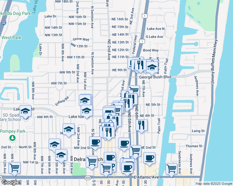 map of restaurants, bars, coffee shops, grocery stores, and more near 231 Royal Court in Delray Beach