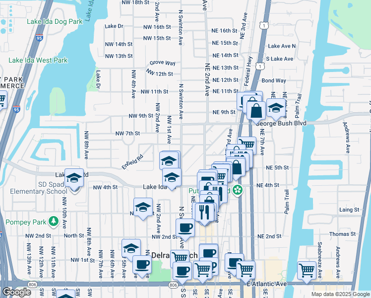 map of restaurants, bars, coffee shops, grocery stores, and more near 527 North Swinton Avenue in Delray Beach