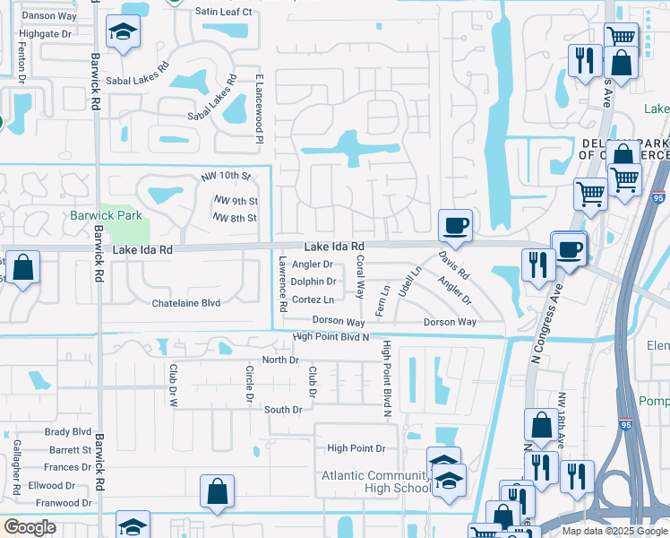map of restaurants, bars, coffee shops, grocery stores, and more near 2888 Angler Drive in Delray Beach