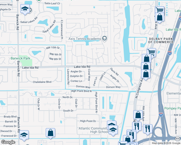 map of restaurants, bars, coffee shops, grocery stores, and more near 2590 Angler Drive in Delray Beach