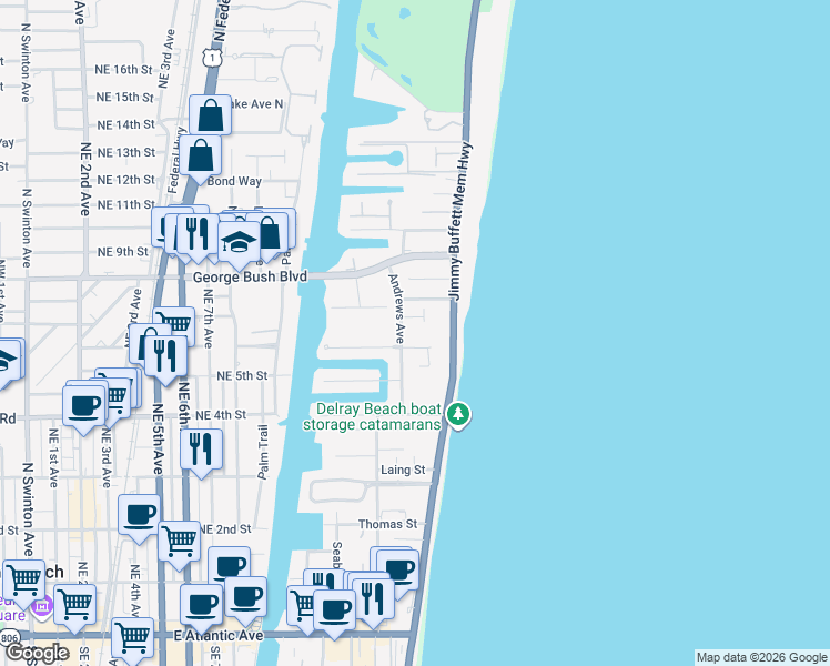map of restaurants, bars, coffee shops, grocery stores, and more near 1221 Harbor Drive in Delray Beach