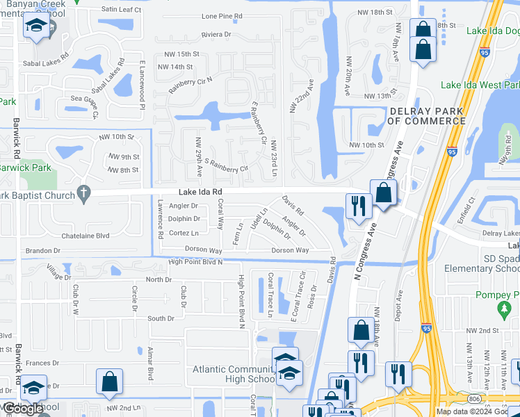 map of restaurants, bars, coffee shops, grocery stores, and more near 2424 Angler Drive in Delray Beach