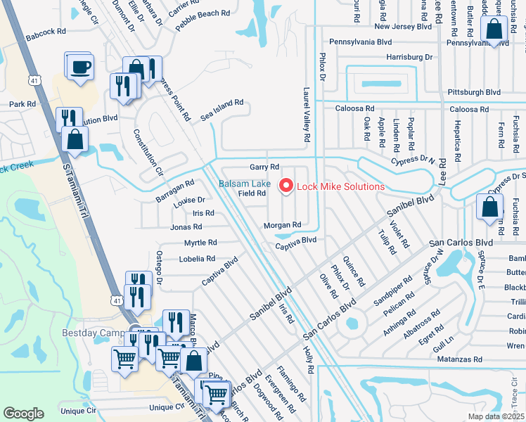 map of restaurants, bars, coffee shops, grocery stores, and more near 18221/223 Matanzas Road in Fort Myers