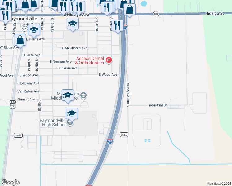 map of restaurants, bars, coffee shops, grocery stores, and more near U.S. 77 in Raymondville