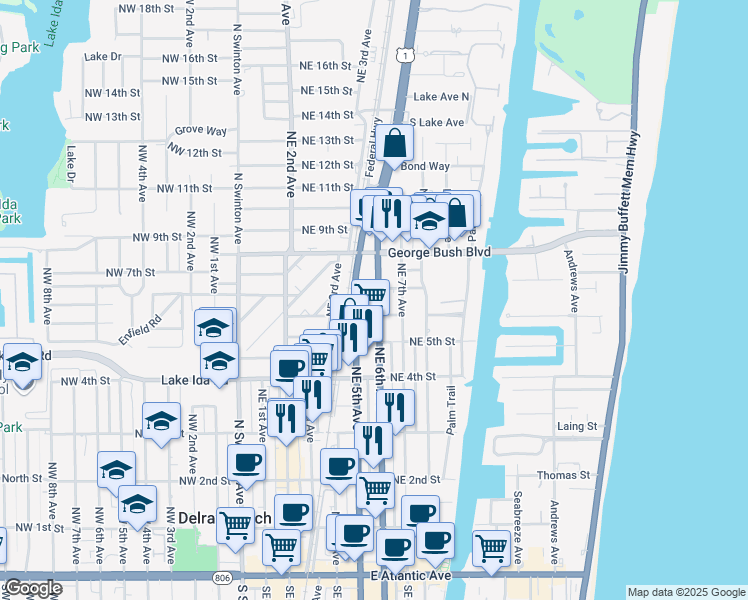map of restaurants, bars, coffee shops, grocery stores, and more near 655 North Federal Highway in Delray Beach
