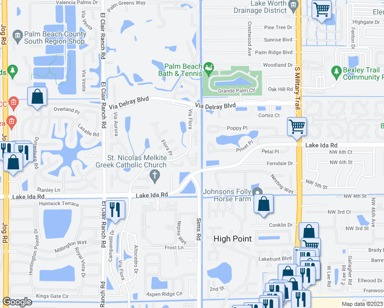 map of restaurants, bars, coffee shops, grocery stores, and more near 13692 Vía Flora in Delray Beach