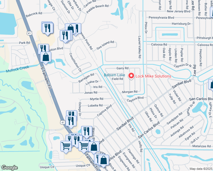 map of restaurants, bars, coffee shops, grocery stores, and more near 18231 Iris Road in Fort Myers