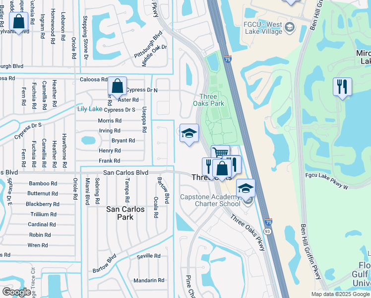 map of restaurants, bars, coffee shops, grocery stores, and more near 18500 3 Oaks Parkway in Fort Myers