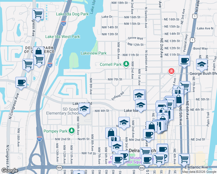 map of restaurants, bars, coffee shops, grocery stores, and more near 518 Eldorado Lane in Delray Beach