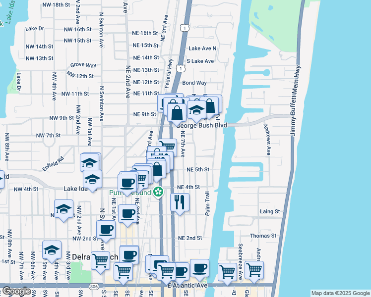 map of restaurants, bars, coffee shops, grocery stores, and more near 608 Northeast 8th Avenue in Delray Beach