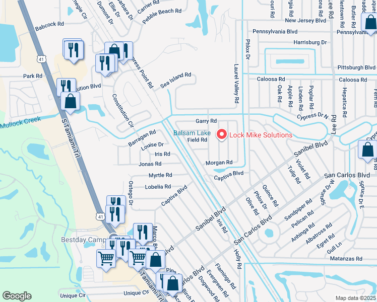 map of restaurants, bars, coffee shops, grocery stores, and more near 18247 Iris Road in Fort Myers