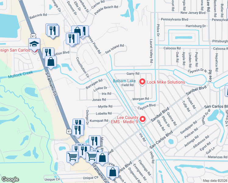 map of restaurants, bars, coffee shops, grocery stores, and more near 18223 Iris Road in Fort Myers