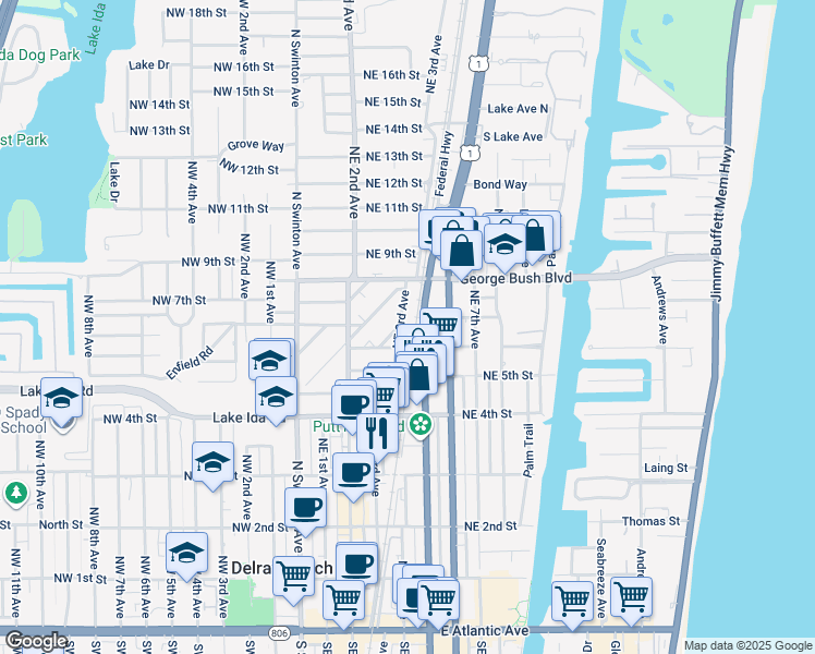 map of restaurants, bars, coffee shops, grocery stores, and more near 630 North Federal Highway in Delray Beach