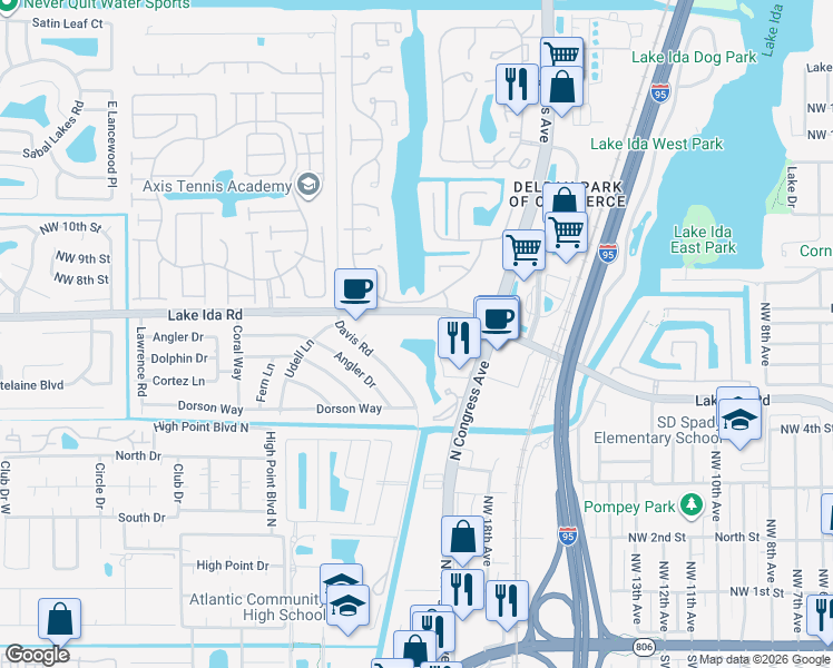map of restaurants, bars, coffee shops, grocery stores, and more near 500 North Congress Avenue in Delray Beach