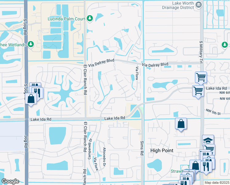 map of restaurants, bars, coffee shops, grocery stores, and more near 13837 Vía Flora in Delray Beach