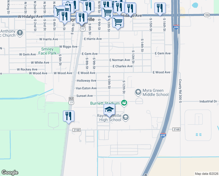 map of restaurants, bars, coffee shops, grocery stores, and more near 400 Van Eaton Avenue in Raymondville