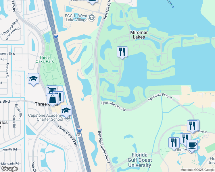map of restaurants, bars, coffee shops, grocery stores, and more near 10095 Valiant Court in Miromar Lakes