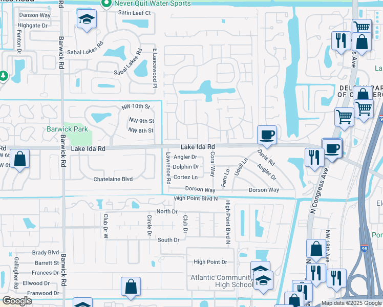 map of restaurants, bars, coffee shops, grocery stores, and more near 2888 Angler Drive in Delray Beach