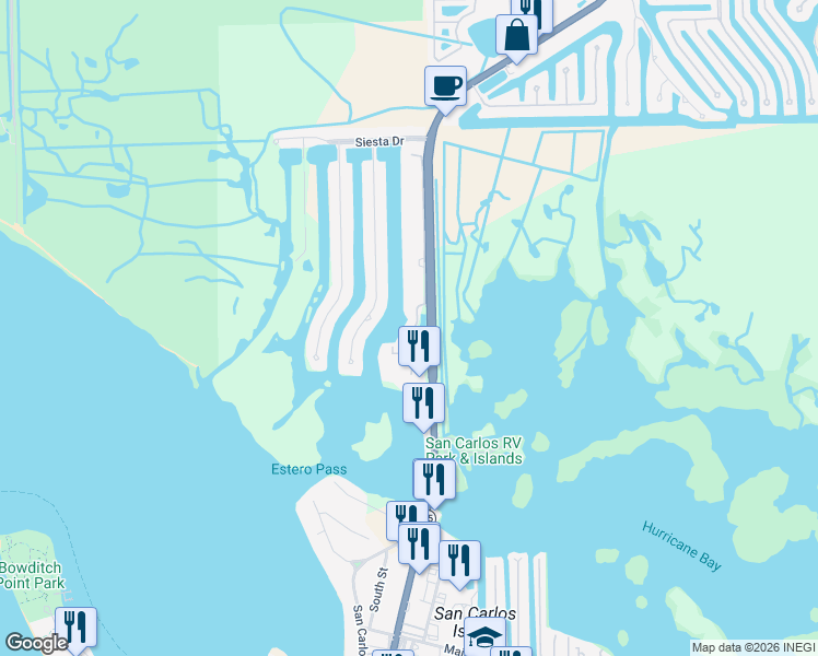 map of restaurants, bars, coffee shops, grocery stores, and more near Unnamed Road in Fort Myers Beach