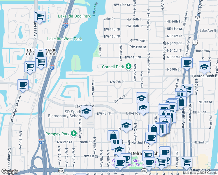 map of restaurants, bars, coffee shops, grocery stores, and more near 518 Eldorado Lane in Delray Beach