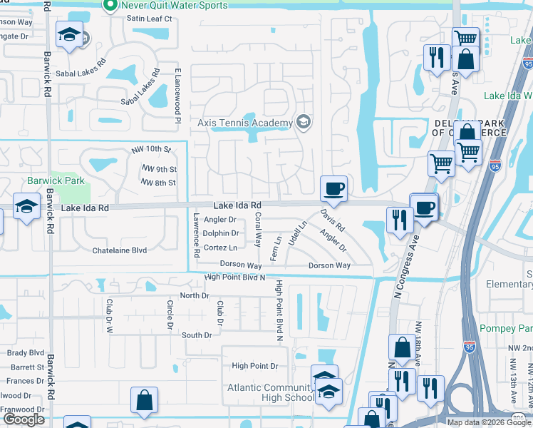 map of restaurants, bars, coffee shops, grocery stores, and more near 2590 Angler Drive in Delray Beach